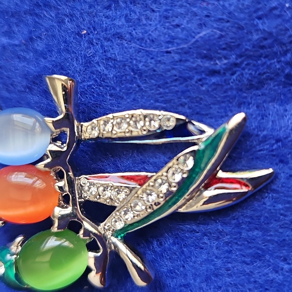 Vintage Jelly Belly And Rhinestones Parrots On A Branch Brooch Silvertone EUC - Picture 5 of 7